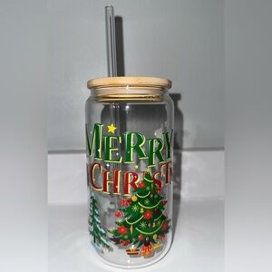 Christmas Tree Glass Tumbler with Straw